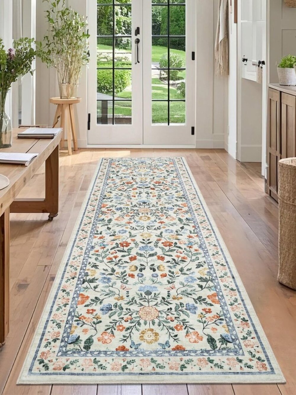 2x6 Washable Floral Runner Rug Non-Slip Low Pile Hallway Green